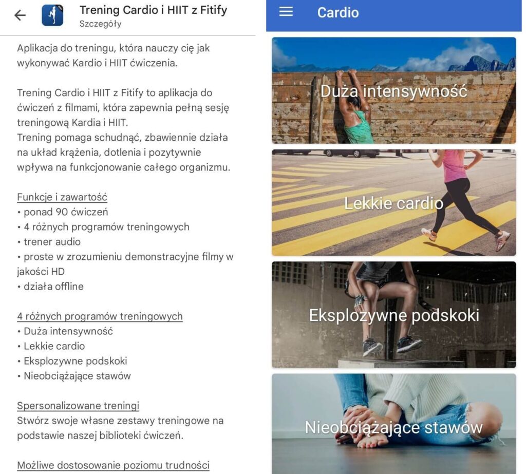 Screeny z aplikacji do ćwiczeń w domu cztery plany w aplikacji do ćwiczeń cardio