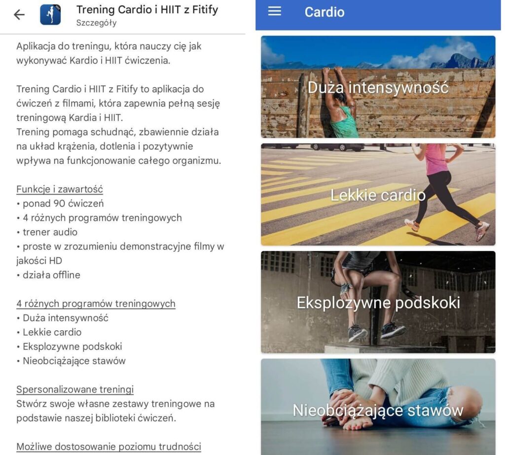 cztery plany w aplikacji do ćwiczeń cardio