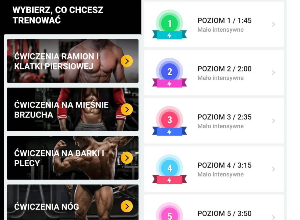 lista planów treningowych w aplikacji do ćwiczeń w domu