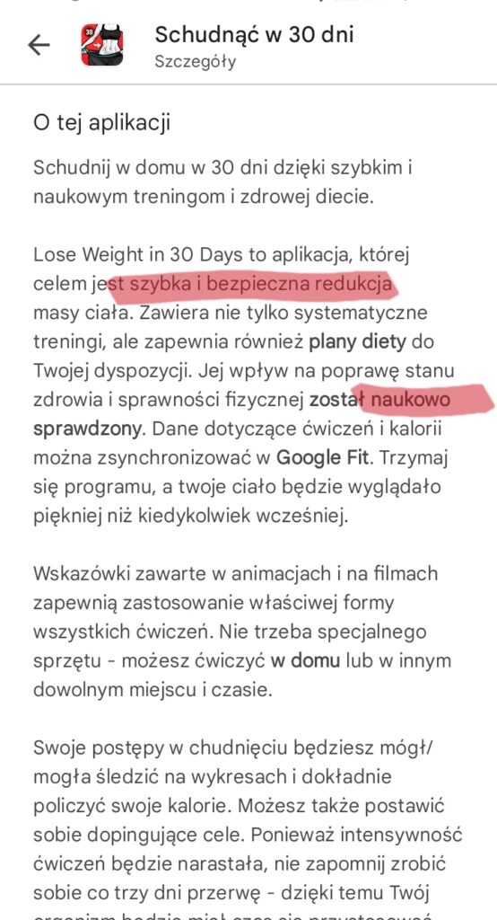 opis - darmowa aplikacja do ćwiczeń w domu schudnij w 30 dni