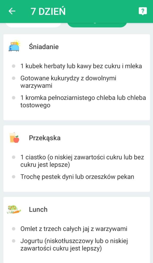 plan dietetyczny w aplikacji do ćwiczeń w domu