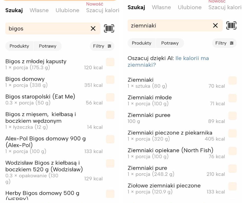 Wyszukiwanie w aplikacji fitatu bigos i ziemniaki